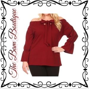 Plus Size Burgundy Tie-Front Off-Shoulder Top